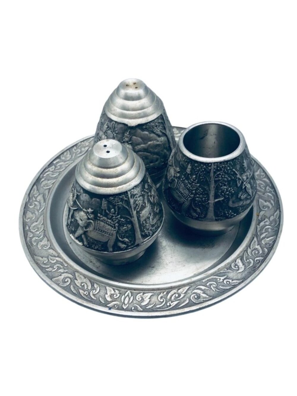vintage Thailand metal salt &amp; pepper shaker tooth pick holder tray elephant